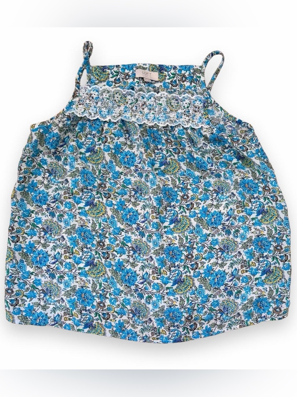 LOFT blue floral print babydoll top with lace trim Sz M